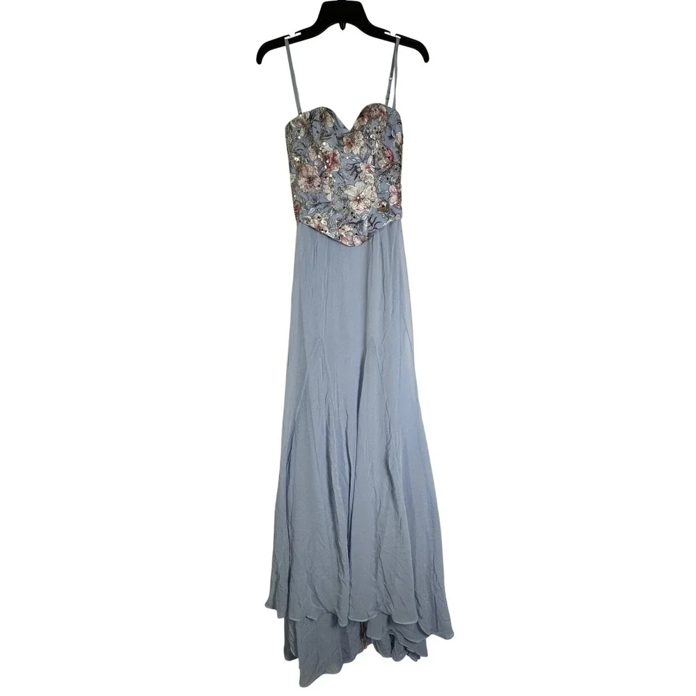 Oh Polly Blue Floral Embroidered Corset Maxi Dress Lace Up Back US 4 New - Picture 5 of 10
